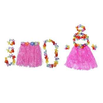 2 Fustă Din Iarbă: 1 Set De 6 Buc Hawaiian Fustă Din Iarbă Floare Hula Lei Bratara Ghirlanda Rochie Fancy Costume & 1 Set Roz Copii