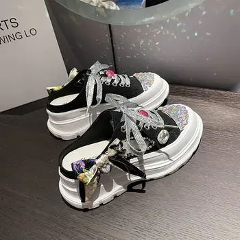 2023 Lux Pearl Catâri Dimonds Flori Stras Platforma Papuci Femei Cristale Slide-Uri De Femei Pantofi Wedge Șir De Mărgele Diapozitive