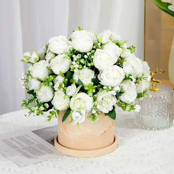 32cm Crescut de Mătase Roz Bujor Flori Artificiale Buchet 5 Cap Mare și 4 Bud Fals Ieftin Flori pentru Acasă Decorare Nunta de interior