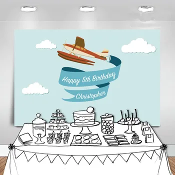 avion personalizat banner alb de nori albastru fericit ziua de nastere fotografie fundal Calculator de Înaltă calitate de imprimare de fundal petrecere