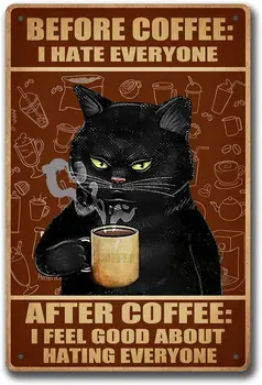 Bar De Cafea Staniu Semn De Epocă Cat De Arta De Perete Decor Retro Cafea Metal Semne Pisica Neagra Poster Bucătărie Acasă Decorare Camera Postere