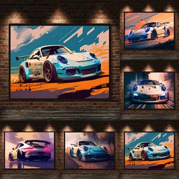 Colorat Masina Sport 911 GT3 Graffiti Stradă Panza Pictura Abstractă de Curse de Lux de Postere Și de Imprimare Supercar Arta de Perete Decor Cameră
