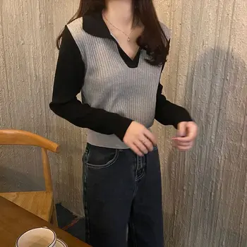 Design coreean Contrast Polo Neck Maneca Lunga Camasa de Tricot pentru Femei Primavara si Toamna Stil Mic Slim Top Scurt Rever Haine