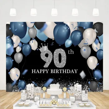 Fericit Ziua de naștere 90 Fundal Albastru Fundal Argintiu Decor Petrecere Sclipici Fotografie 90 de Ani, Banner-ul Photo Booth Props
