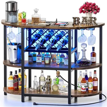 Masa de Bar Cabinet cu Priza de Putere, LED Home Mini pentru Băuturi alcoolice și Ochelari, Metal Vinul Sta 4 Nivele de Depozitare