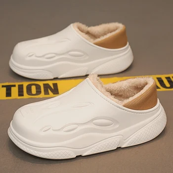 Moda de Iarnă cu Blană Papuci de casă pentru Bărbați Cald de Interior Bumbac Pantofi Impermeabil în aer liber, Grădină Pantofi Slip Pe Saboți Jumătate Slide Sandale