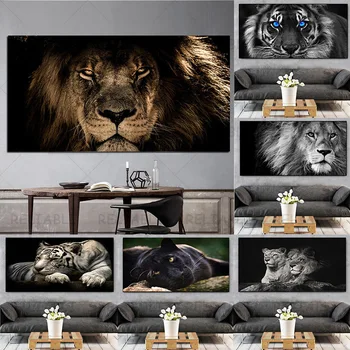Negru și Alb, Tigru, Leu, Leopard Cap Panza Pictura Animal Postere Si Printuri Poze de Perete Camera de zi Decor Acasă Nici un Cadru
