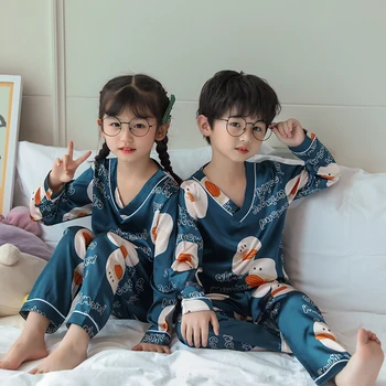 Noi de Toamna cu Maneci Lungi Set de Pijama V-neck Silk Copii Pijamale Pijama Baieti draguti Satin Homewear Pijama Fete Casual Pijamale