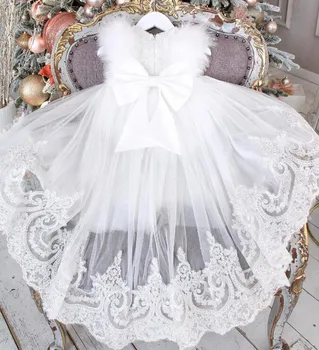 Tul alb Ridicat Scăzut Stil Printesa Fata Rochie de Flori pentru Nunta cu Funda Mare Tren Lung Fetita Rochie Concurs de Ziua Rochie