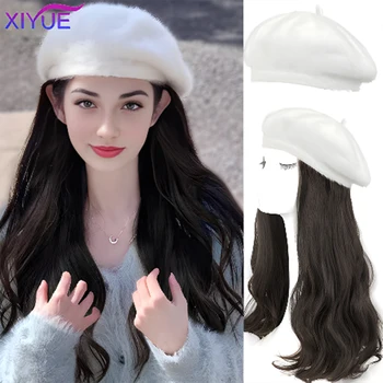 XIYUE Peruca pălărie all-in-one pentru femei păr lung buclat natural, par sintetic la modă de pluș bereta în cap set pentru femei